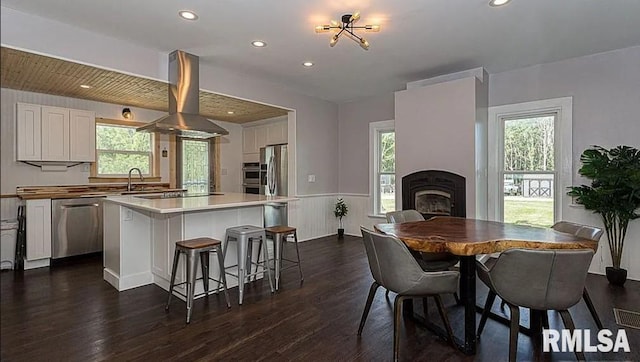 dining room featuring dark wood-style flooring, a wealth of natural light, recessed lighting, and a wainscoted wall