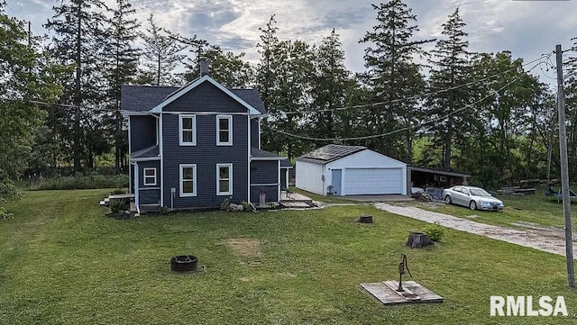 traditional-style house featuring a front lawn, a detached garage, an outdoor structure, and dirt driveway