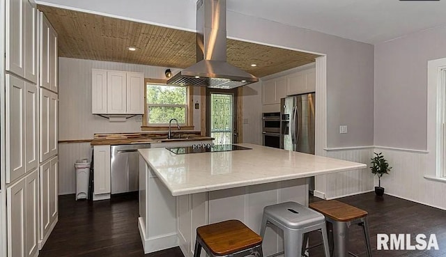 kitchen featuring a kitchen island, island exhaust hood, a sink, stainless steel appliances, and dark wood-style floors