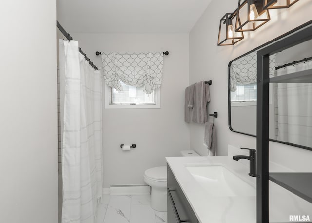 bathroom with curtained shower, vanity, toilet, and a baseboard heating unit