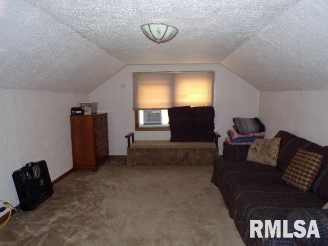 interior space featuring a textured ceiling, lofted ceiling, and carpet flooring