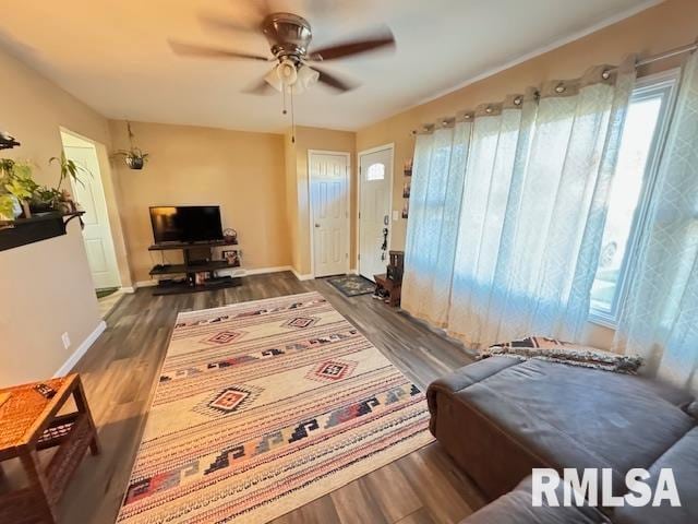 living room featuring dark hardwood / wood-style floors and ceiling fan