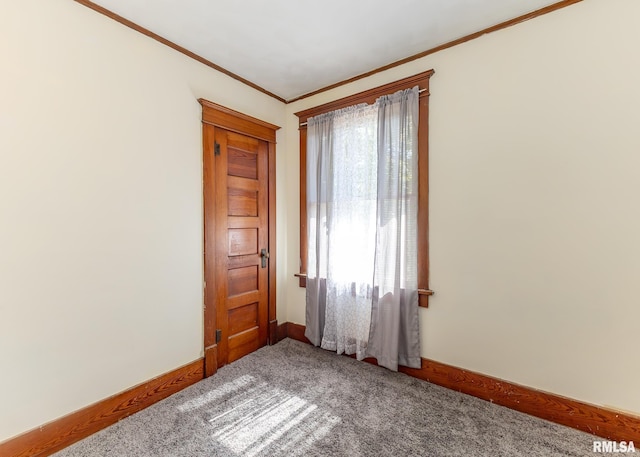 empty room with ornamental molding and carpet