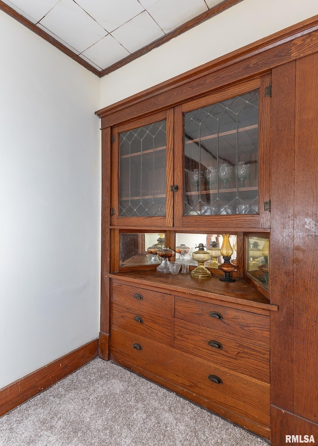 room details with carpet flooring and crown molding