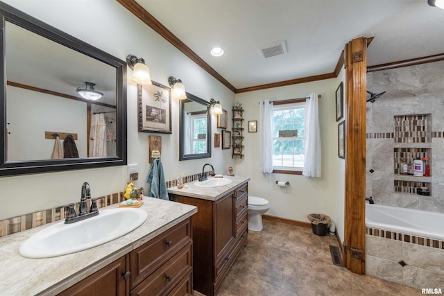 full bathroom featuring ornamental molding, vanity, toilet, and shower / bathtub combination with curtain