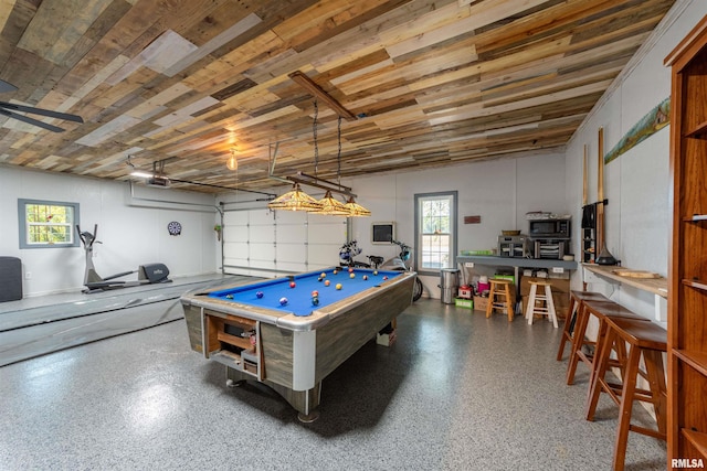 rec room featuring ceiling fan, billiards, and wooden ceiling