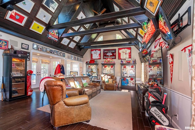 interior space with french doors, beam ceiling, high vaulted ceiling, and dark wood-type flooring