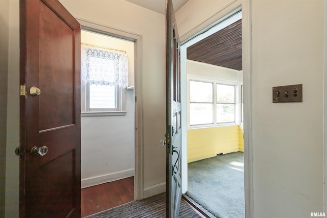 doorway featuring dark carpet