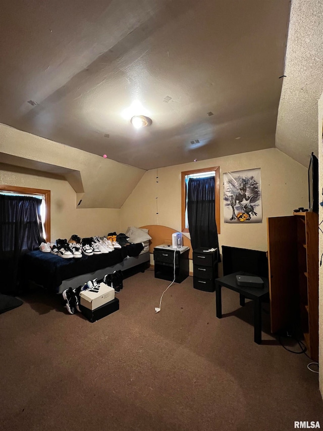 bonus room with carpet floors, vaulted ceiling, and a textured ceiling