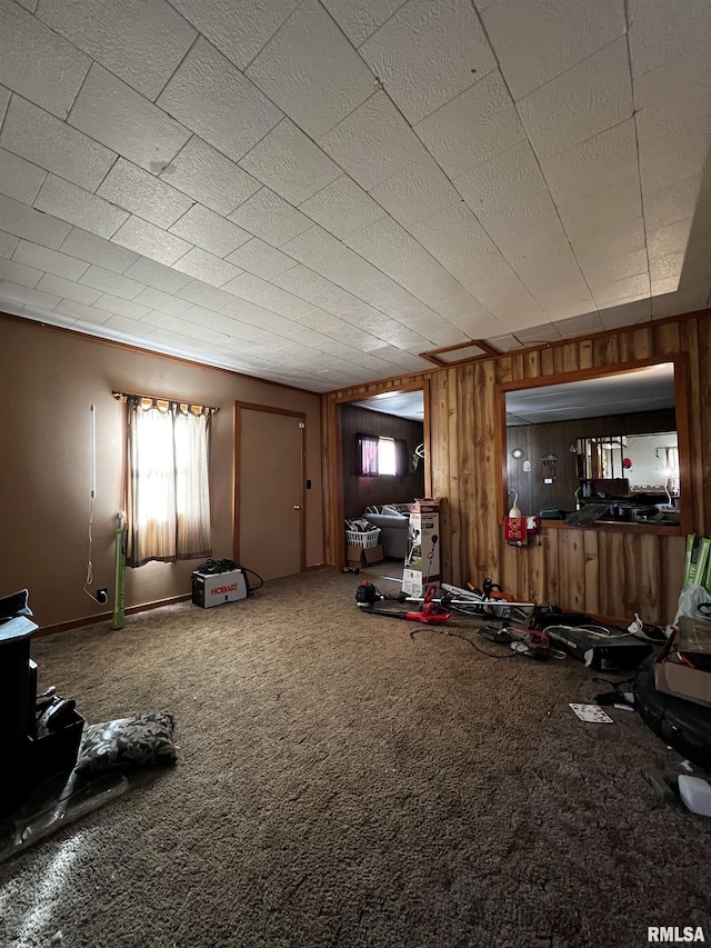 interior space with plenty of natural light, carpet flooring, and wood walls