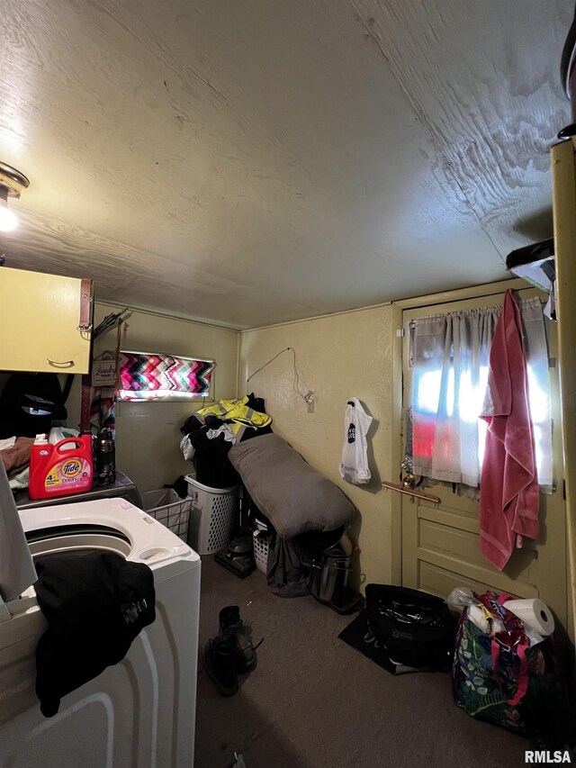 interior space featuring carpet flooring and washer / dryer