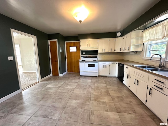 kitchen with dishwasher, white range with electric stovetop, white cabinets, and sink