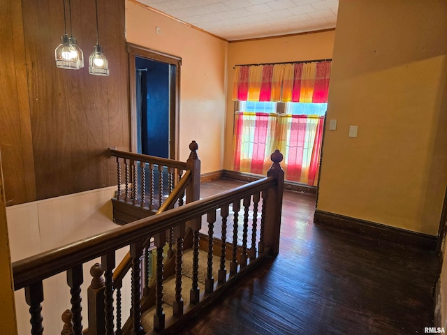 hallway with ornamental molding and dark wood-type flooring