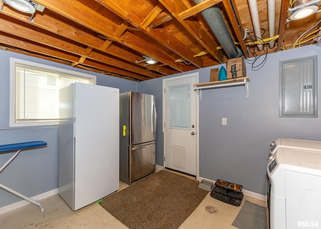 laundry room featuring electric panel and washing machine and clothes dryer