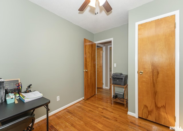 home office featuring ceiling fan and light hardwood / wood-style flooring