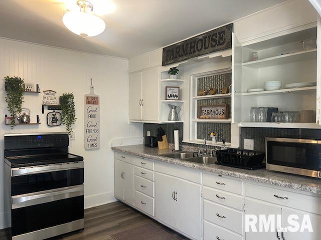 kitchen featuring dark hardwood / wood-style floors, appliances with stainless steel finishes, sink, and white cabinetry