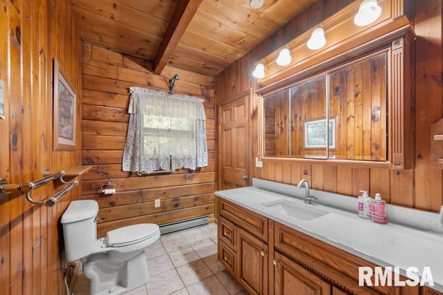 bathroom with wood ceiling, toilet, wood walls, vanity, and tile patterned flooring