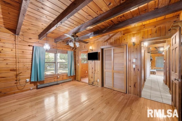 unfurnished bedroom with a baseboard heating unit, light wood-type flooring, wooden ceiling, beamed ceiling, and wooden walls