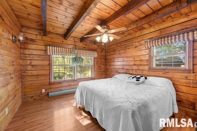 bedroom featuring wood walls, ceiling fan, beamed ceiling, wooden ceiling, and hardwood / wood-style flooring