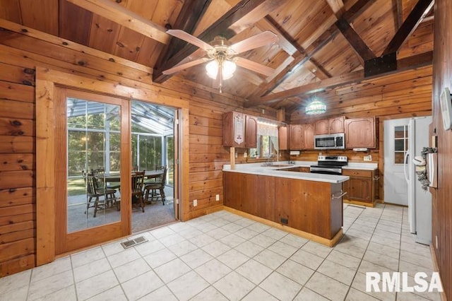 kitchen with wooden walls, kitchen peninsula, stainless steel appliances, wooden ceiling, and lofted ceiling with beams