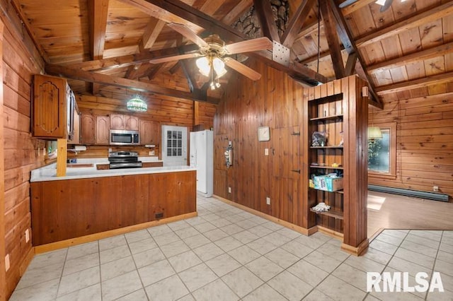 kitchen featuring kitchen peninsula, wood ceiling, appliances with stainless steel finishes, lofted ceiling with beams, and wooden walls