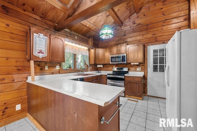 kitchen with wood walls, sink, wood ceiling, kitchen peninsula, and stainless steel appliances