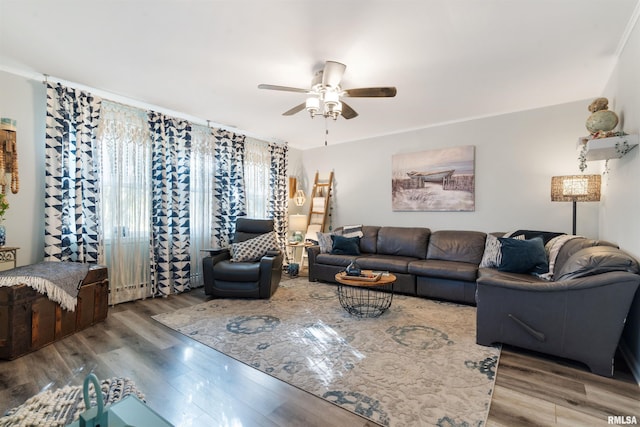 living room featuring ceiling fan and hardwood / wood-style floors