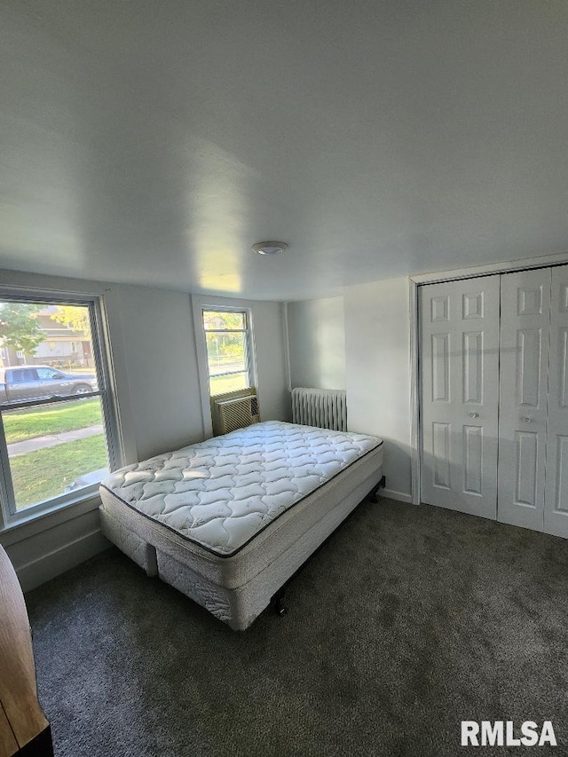 bedroom with dark carpet and a closet