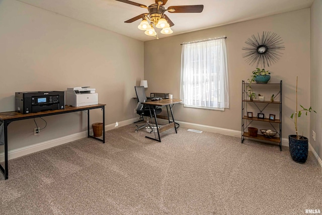 office area featuring ceiling fan and carpet floors