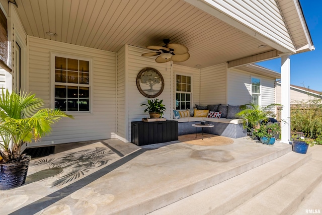 view of patio / terrace featuring ceiling fan and an outdoor hangout area