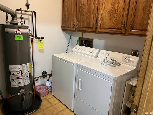 laundry area featuring cabinets, separate washer and dryer, and water heater