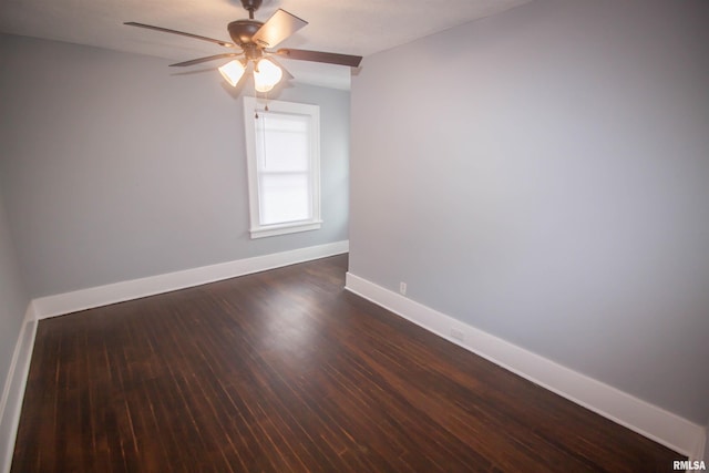 unfurnished room featuring ceiling fan, dark wood-type flooring, and vaulted ceiling