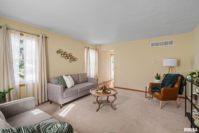 carpeted living room with a textured ceiling