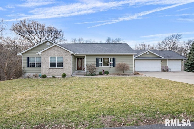 ranch-style home featuring a garage and a front yard