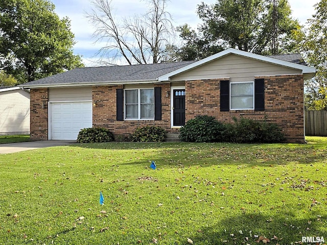 ranch-style house with a garage and a front lawn