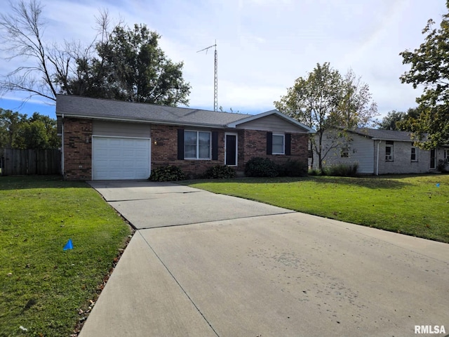 single story home featuring a front yard and a garage