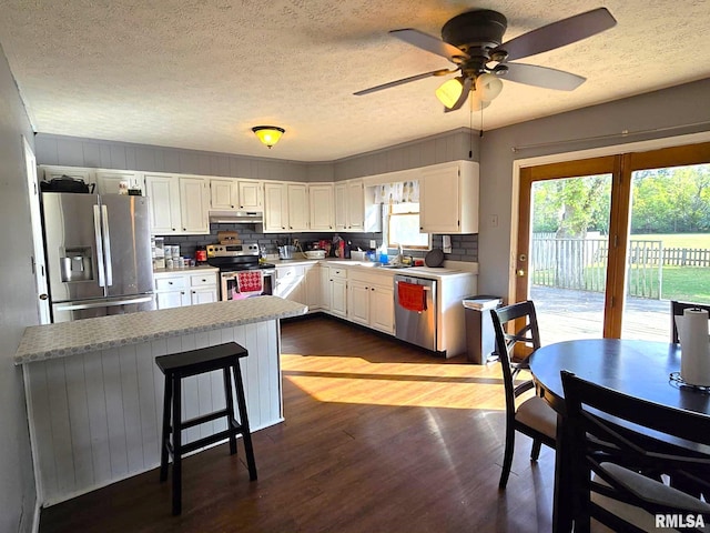 kitchen with white cabinetry, backsplash, stainless steel appliances, and dark hardwood / wood-style flooring