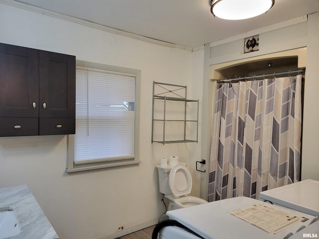 bathroom featuring a shower with shower curtain, vanity, and toilet