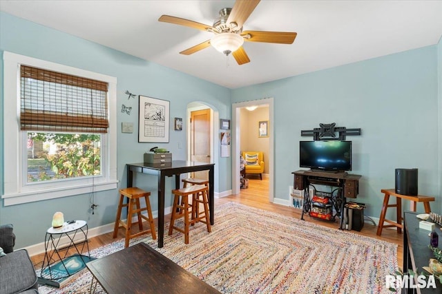 living room featuring light wood-type flooring and ceiling fan