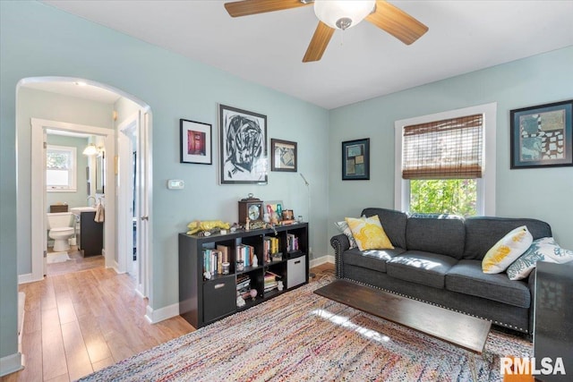 living room with ceiling fan and light hardwood / wood-style flooring