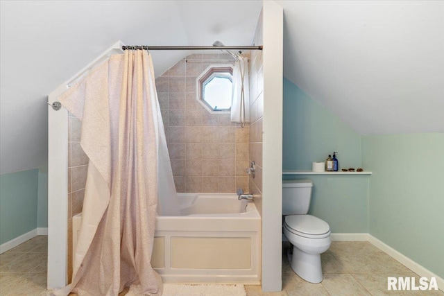 bathroom with shower / bath combination with curtain, vaulted ceiling, toilet, and tile patterned floors