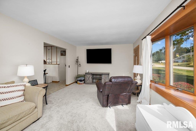 living room with a fireplace and light colored carpet