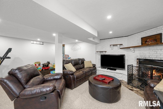 carpeted living room with a textured ceiling and a fireplace