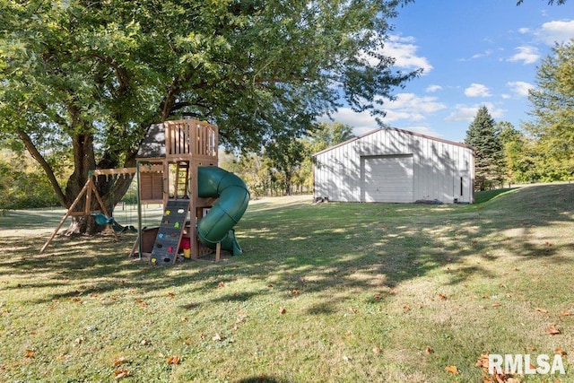 view of yard with an outbuilding and a playground