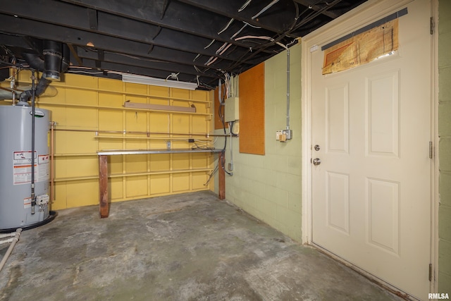 basement featuring electric panel and gas water heater