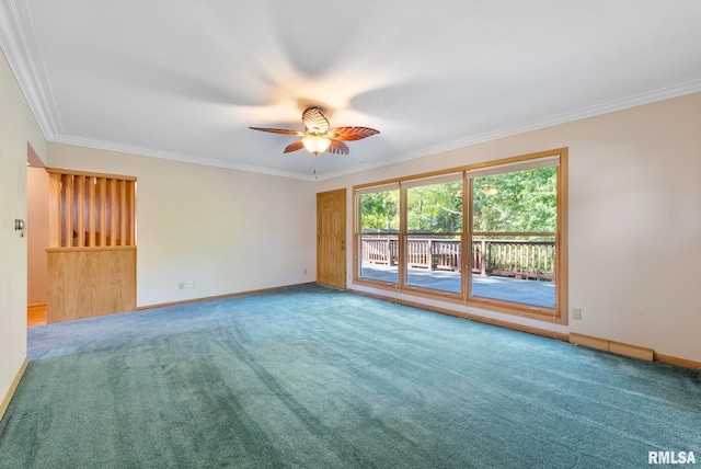 carpeted empty room featuring ornamental molding and ceiling fan