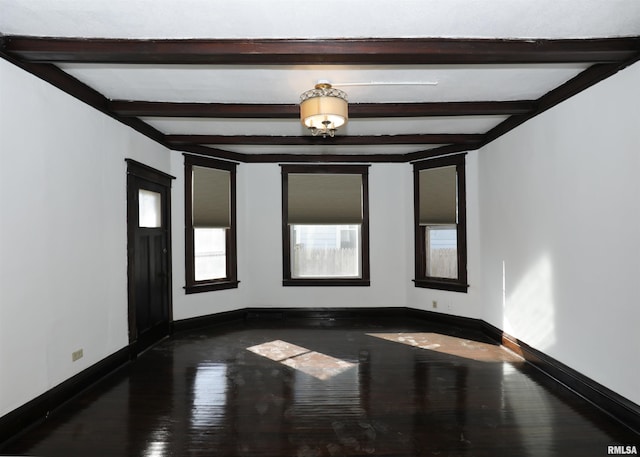 unfurnished room featuring beamed ceiling and dark wood-type flooring