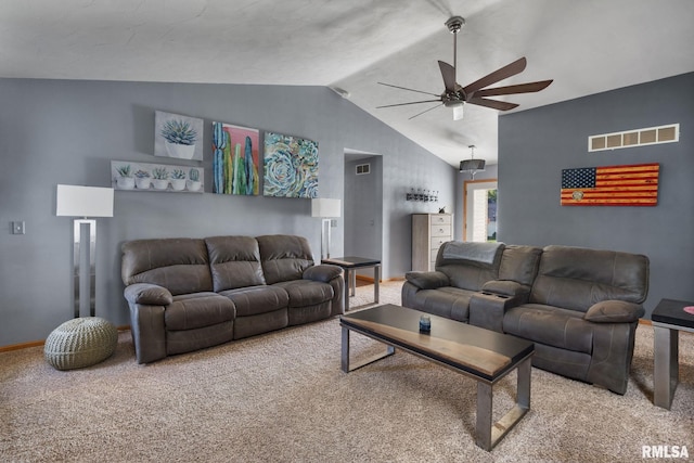 living room featuring lofted ceiling, ceiling fan, and carpet floors