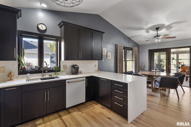 kitchen with light hardwood / wood-style floors, white dishwasher, kitchen peninsula, decorative backsplash, and sink