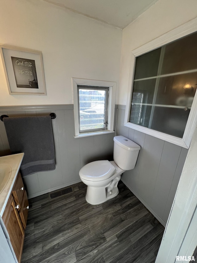 bathroom with toilet, vanity, and wood-type flooring